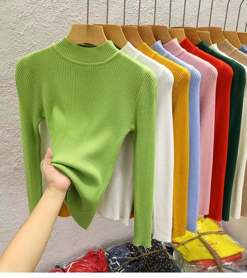 Knitted Sweater Women Pullovers New Long Sleeve Mock Neck Black Knit Sweater Pullover Women Tops Sweaters Sueters De Mujer Q1038