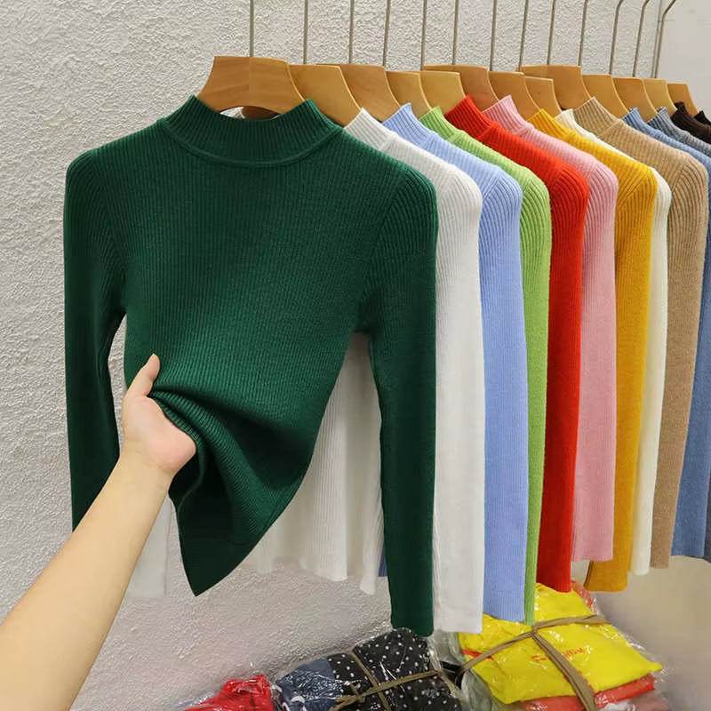 Knitted Sweater Women Pullovers New Long Sleeve Mock Neck Black Knit Sweater Pullover Women Tops Sweaters Sueters De Mujer Q1038