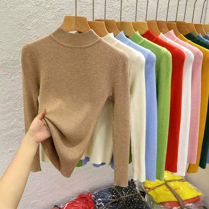 Knitted Sweater Women Pullovers New Long Sleeve Mock Neck Black Knit Sweater Pullover Women Tops Sweaters Sueters De Mujer Q1038