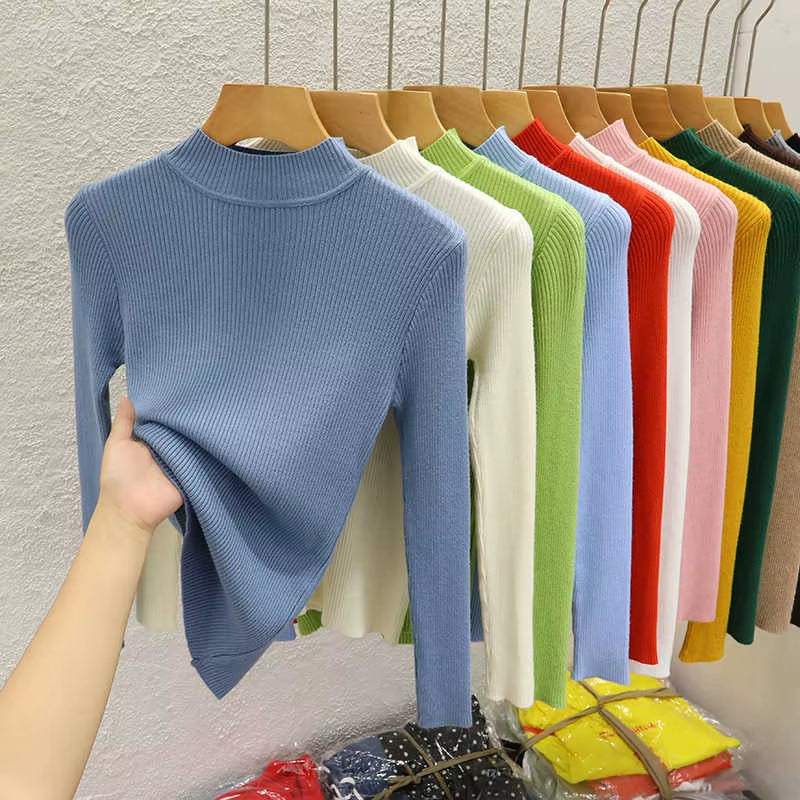 Knitted Sweater Women Pullovers New Long Sleeve Mock Neck Black Knit Sweater Pullover Women Tops Sweaters Sueters De Mujer Q1038